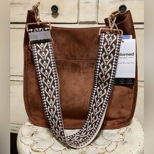 Brown Suede Bag with Patterned Strap